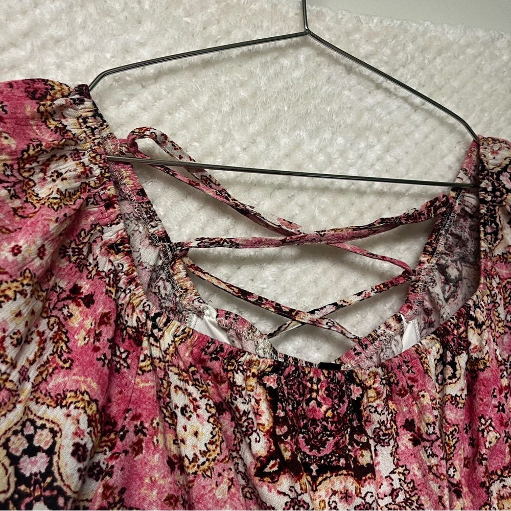 TORRID Crinkle Gauze Cris Cross Back Top Pink & Brown Peplum Cinched Waist Shirt - Picture 9 of 13